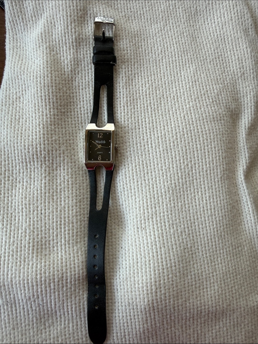 Mudd Black Leather Strap Rectangular Dial Watch with Silver Case